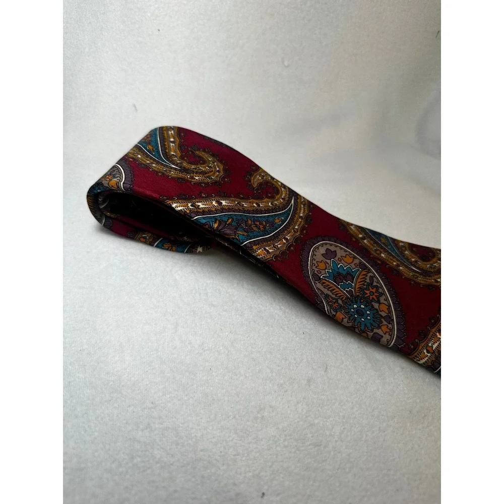 Claiborne Mens Silk Necktie Burgundy Teal Gold Paisley Wide Classic Tie USA Made